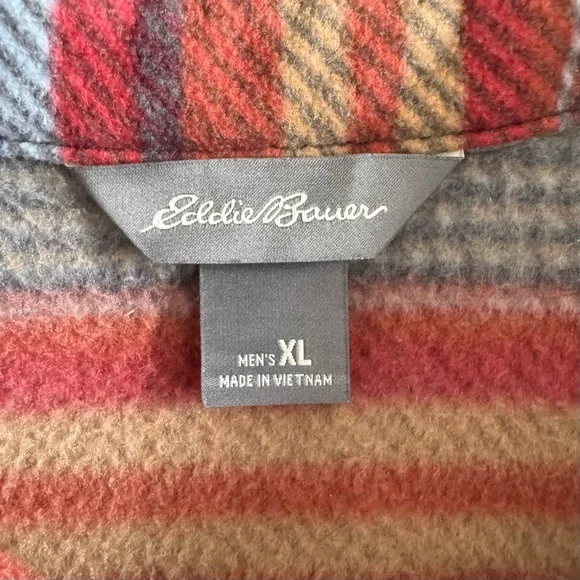 Eddie Bauer Fleece Button Down Shirt Jacket Outdoor Cozy Striped Blue Red Tan XL - Picture 4 of 8